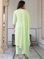 Janasya Women's Light Green Cotton Embellished Straight Kurta Set