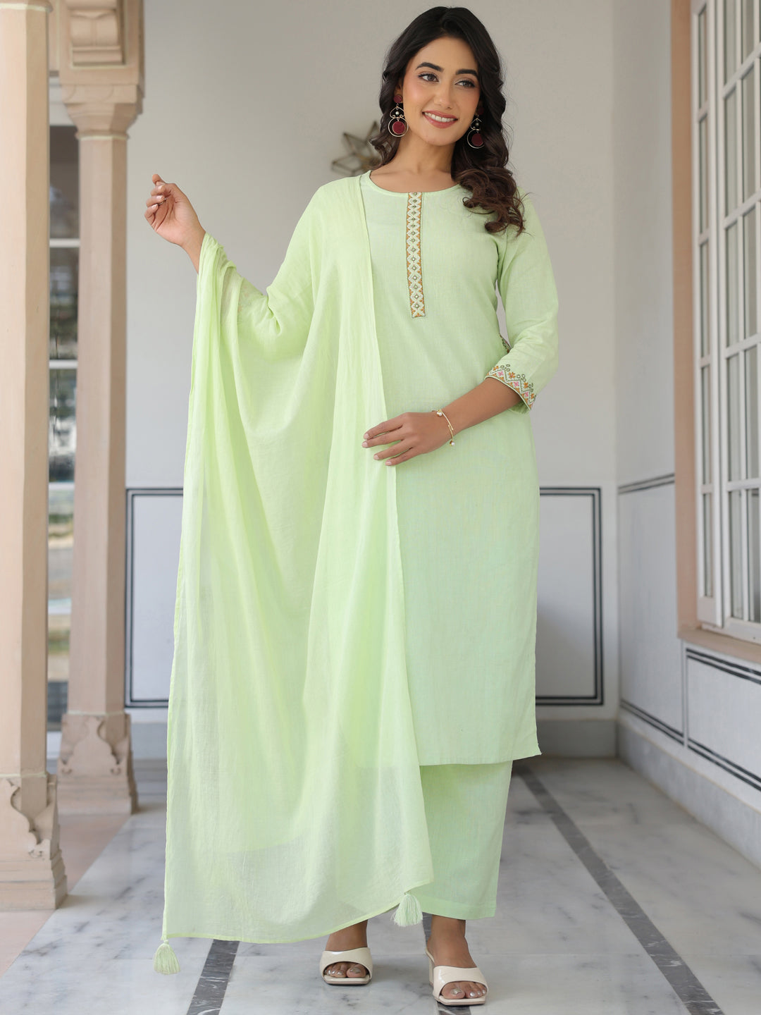 Janasya Women's Light Green Cotton Embellished Straight Kurta Set