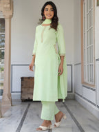 Janasya Women's Light Green Cotton Embellished Straight Kurta Set