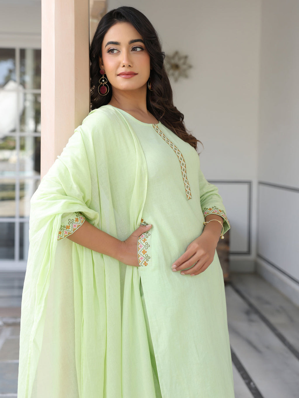 Janasya Women's Light Green Cotton Embellished Straight Kurta Set
