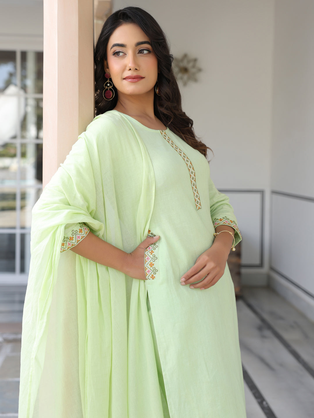 Janasya Women's Light Green Cotton Embellished Straight Kurta Set
