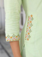 Janasya Women's Light Green Cotton Embellished Straight Kurta Set