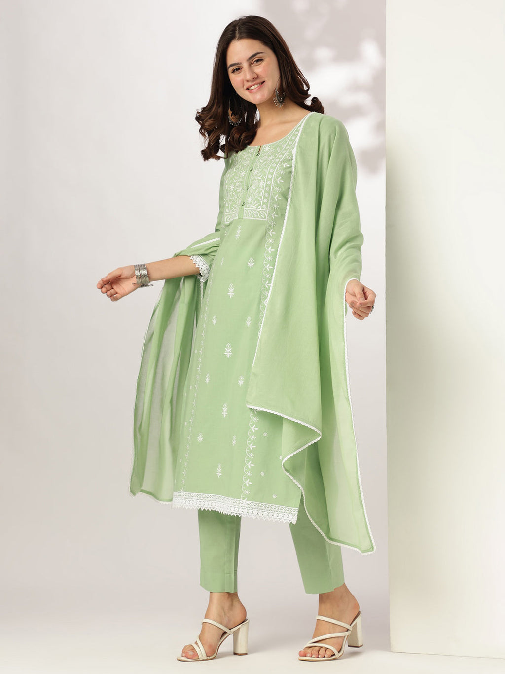 Janasya Women's Light Green Pure Cotton Embroidered Straight Kurta Set