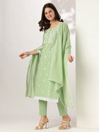 Janasya Women's Light Green Pure Cotton Embroidered Straight Kurta Set