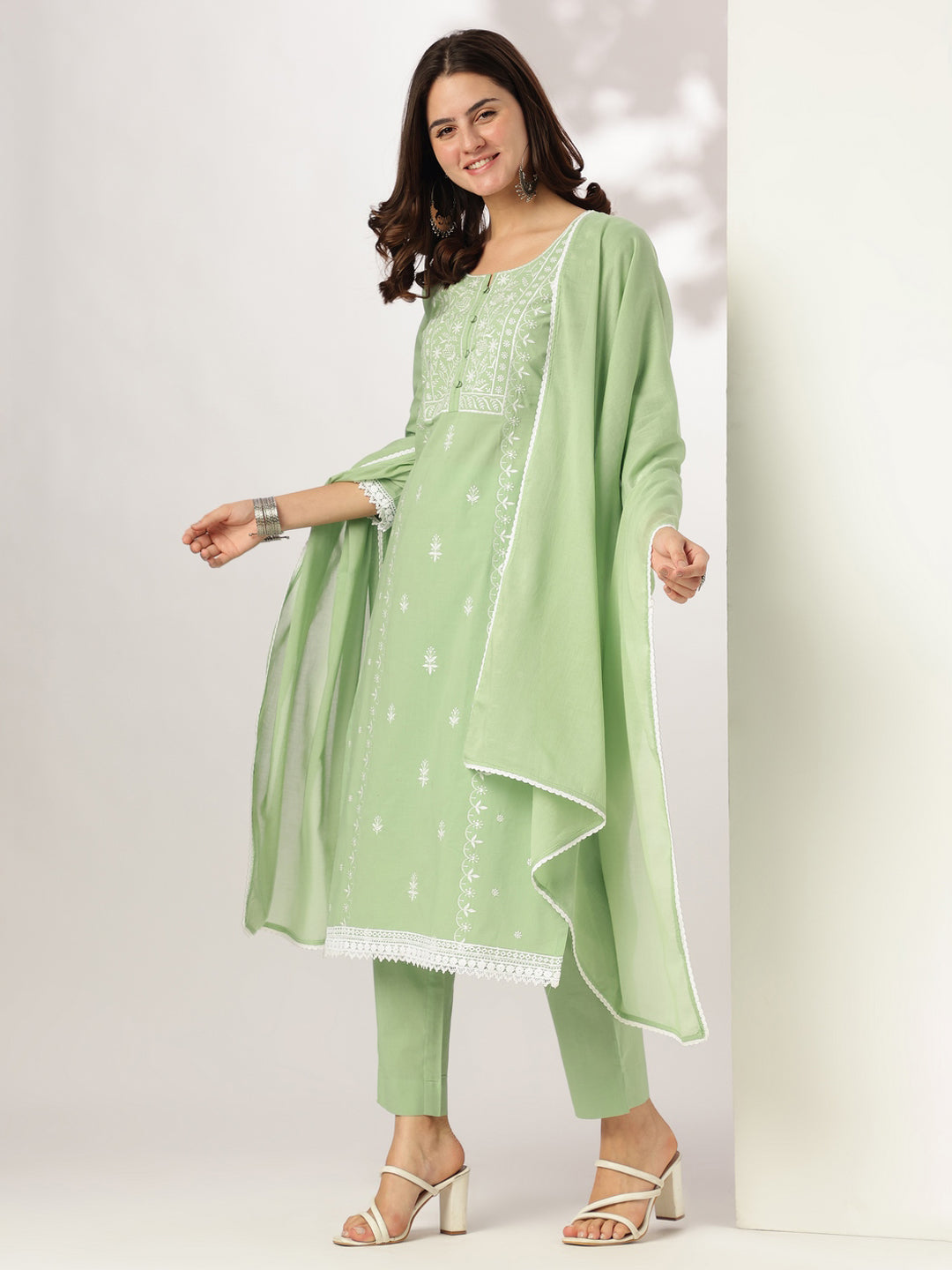 Janasya Women's Light Green Pure Cotton Embroidered Straight Kurta Set