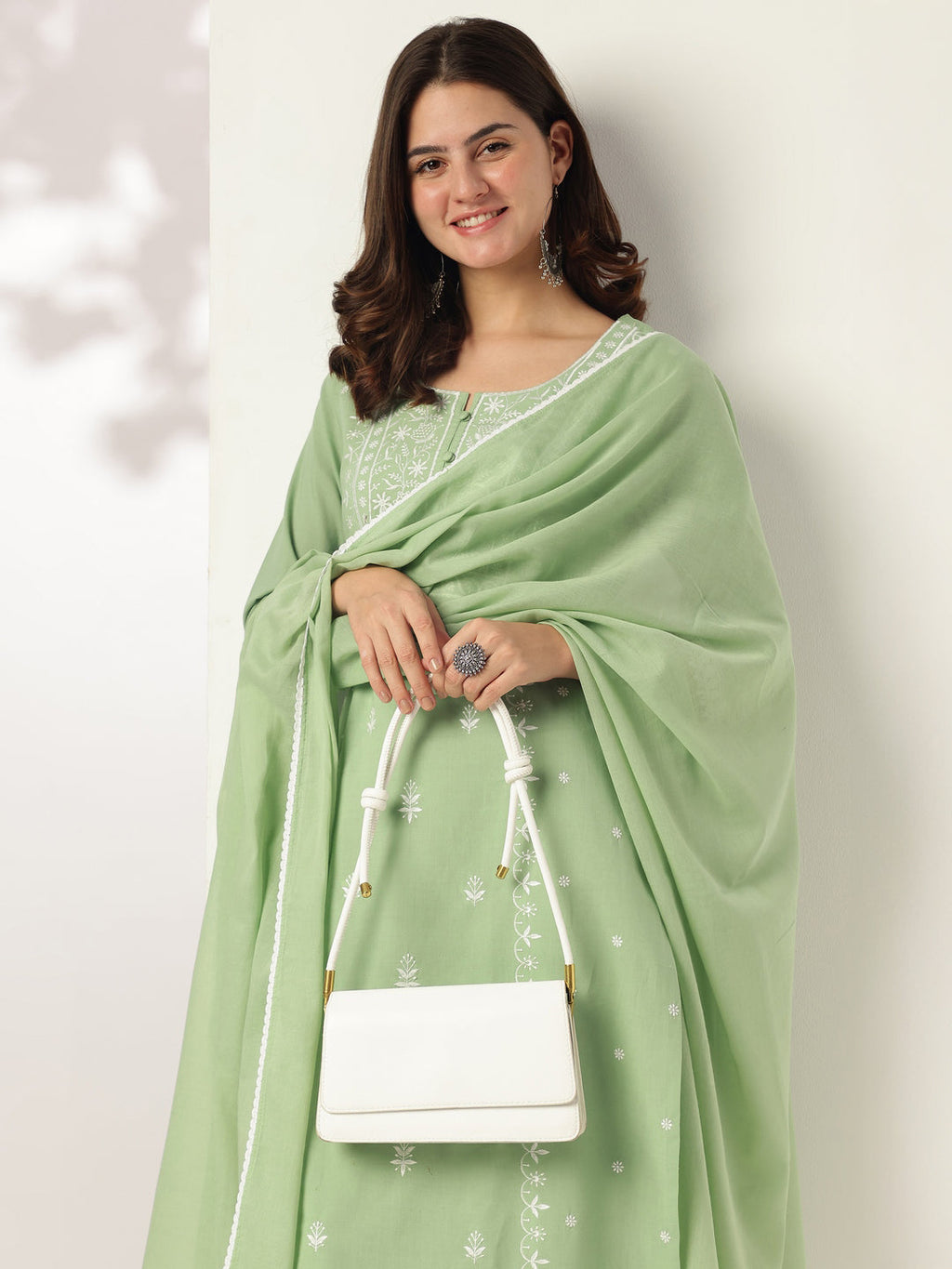 Janasya Women's Light Green Pure Cotton Embroidered Straight Kurta Set