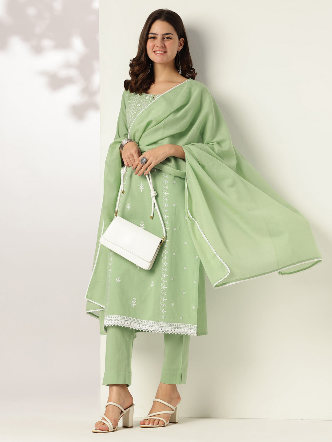 Janasya Women's Light Green Pure Cotton Embroidered Straight Kurta Set