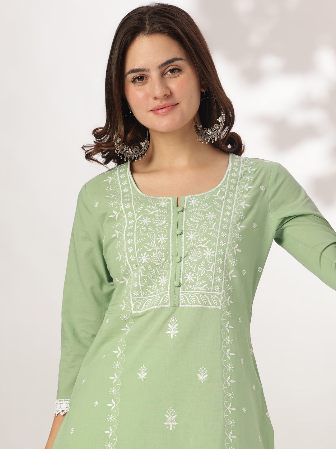 Janasya Women's Light Green Pure Cotton Embroidered Straight Kurta Set