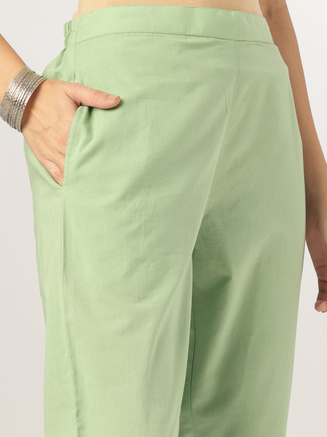 Janasya Women's Light Green Pure Cotton Embroidered Straight Kurta Set