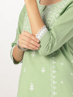 Janasya Women's Light Green Pure Cotton Embroidered Straight Kurta Set