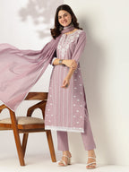 Janasya Women's Light Purple Pure Cotton Embroidered Straight Kurta Set
