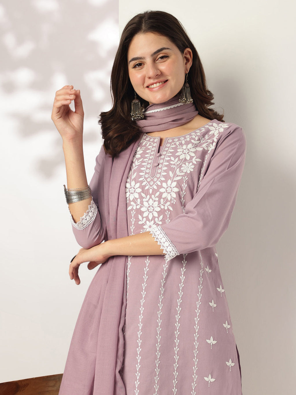 Janasya Women's Light Purple Pure Cotton Embroidered Straight Kurta Set
