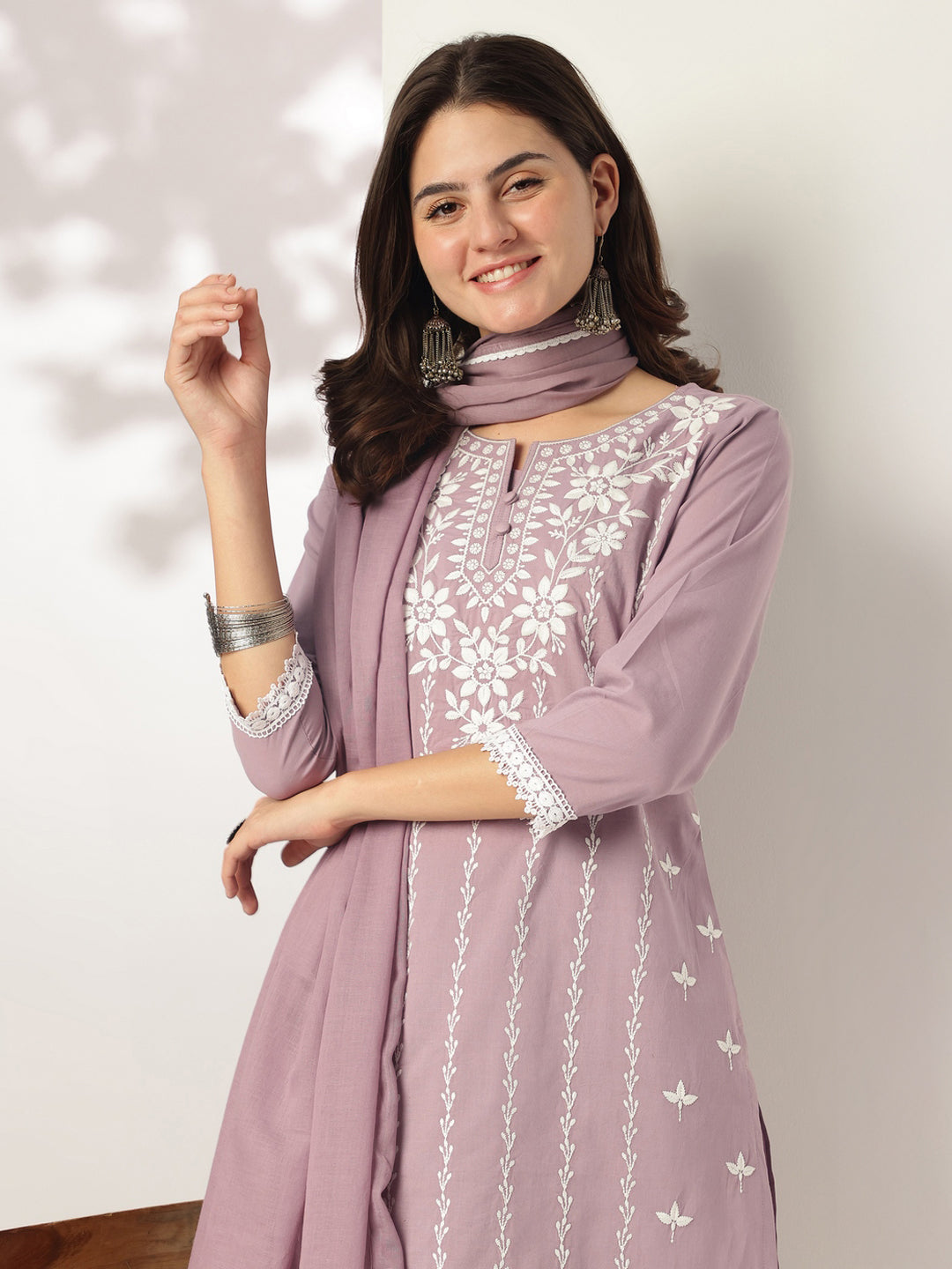 Janasya Women's Light Purple Pure Cotton Embroidered Straight Kurta Set