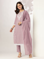 Janasya Women's Light Purple Pure Cotton Embroidered Straight Kurta Set