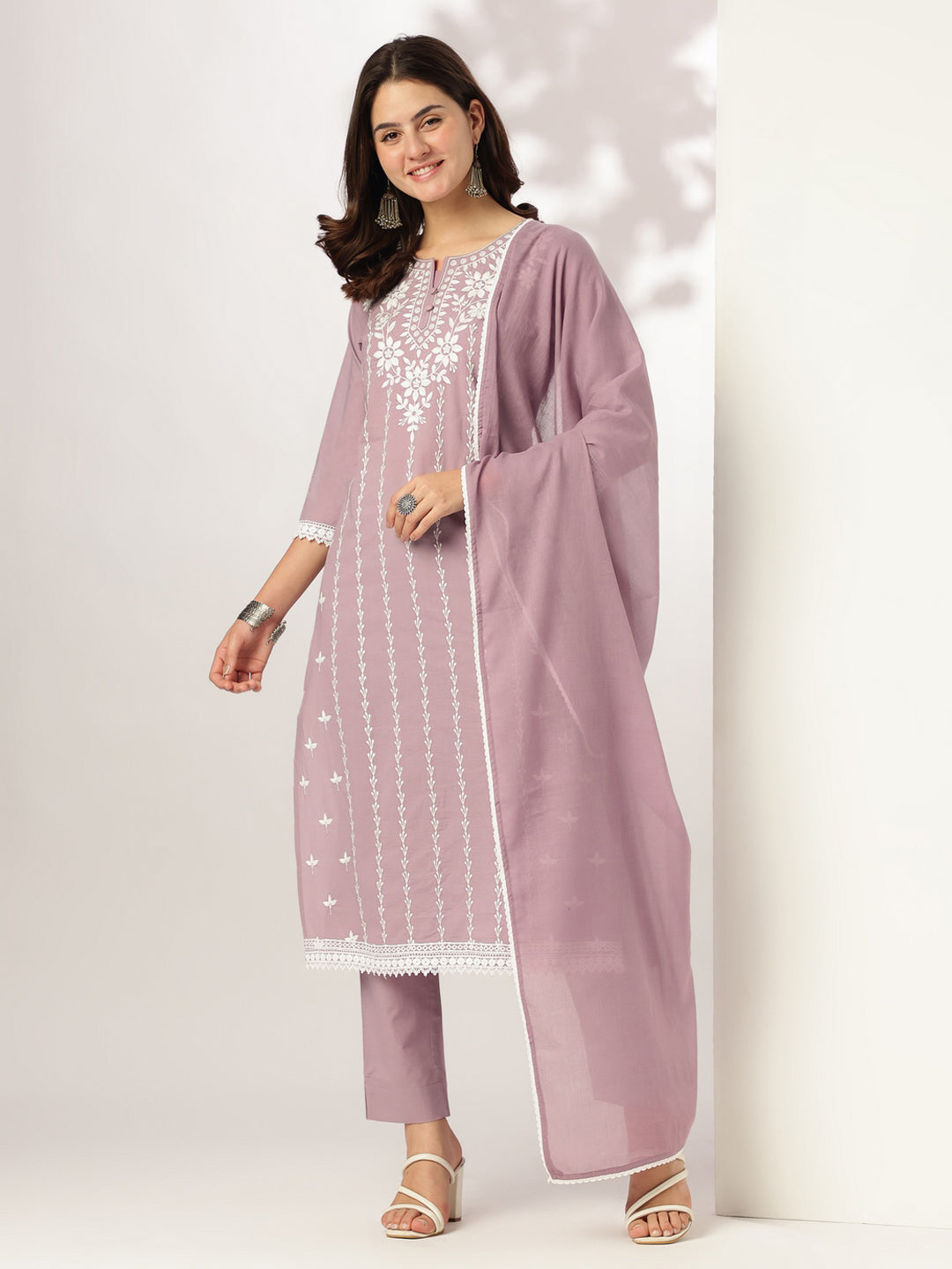 Janasya Women's Light Purple Pure Cotton Embroidered Straight Kurta Set