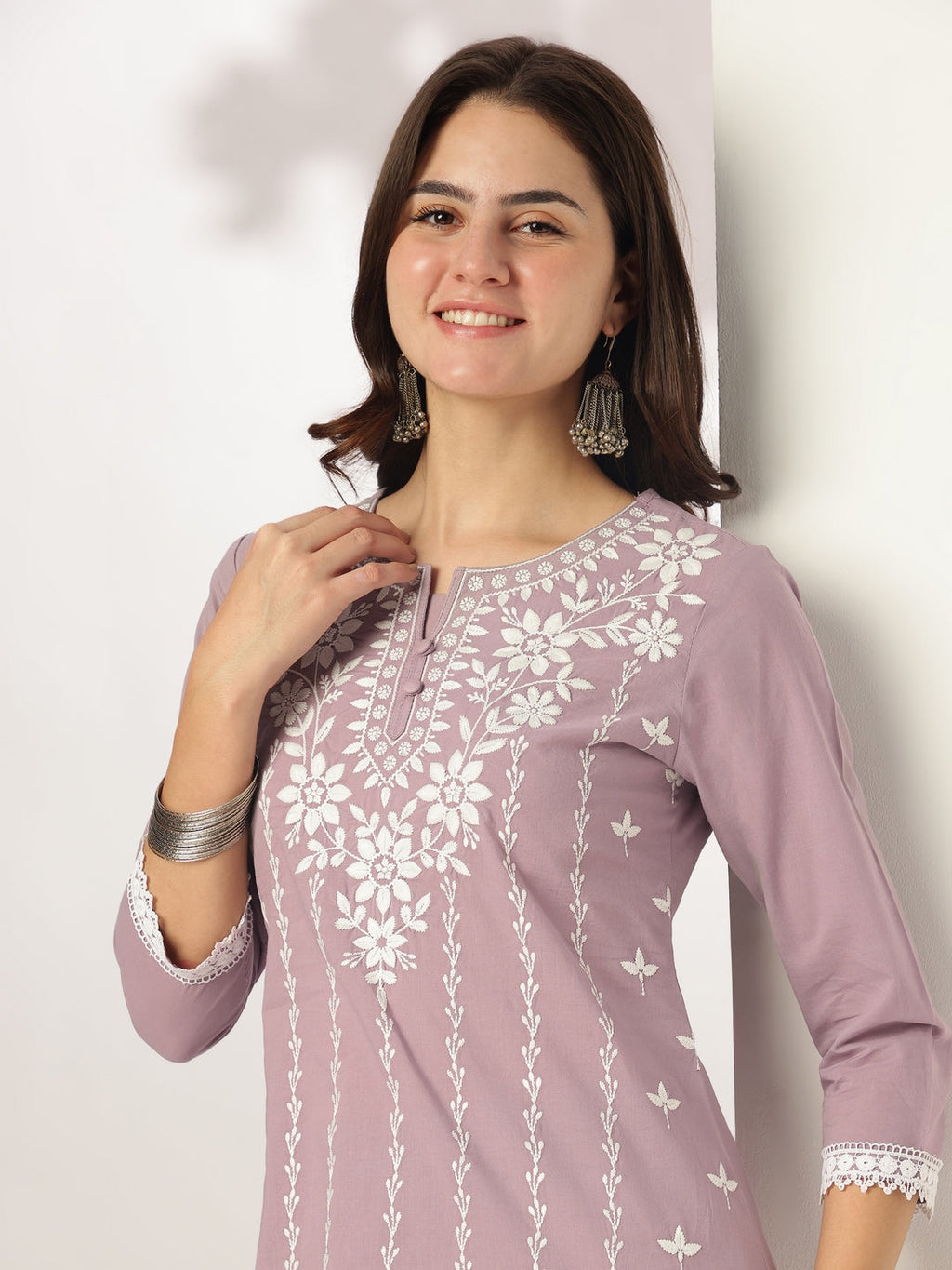 Janasya Women's Light Purple Pure Cotton Embroidered Straight Kurta Set