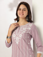 Janasya Women's Light Purple Pure Cotton Embroidered Straight Kurta Set