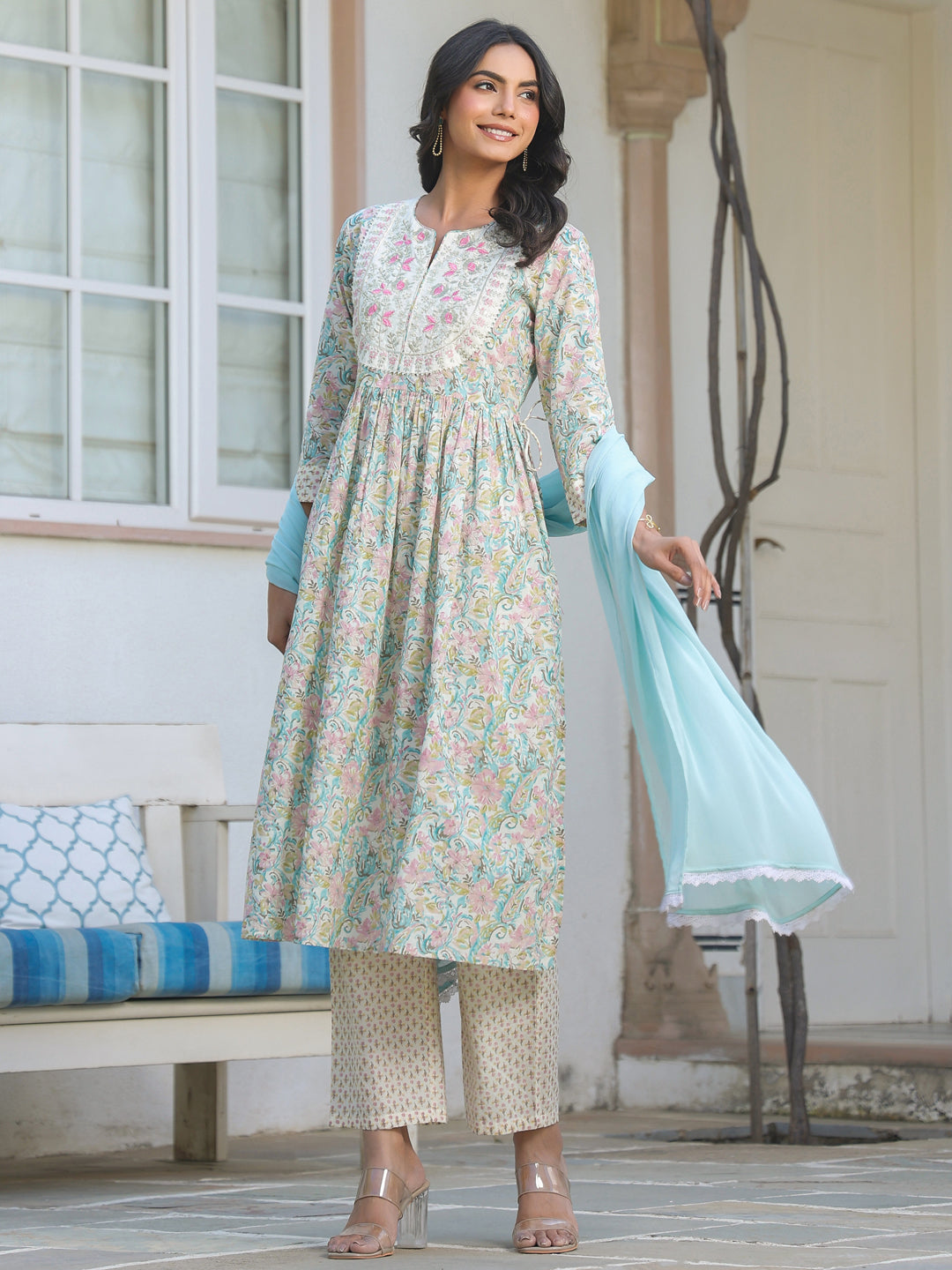 Off White Pure Cotton Yoke Embroidered Floral Printed A-line Kurta Set