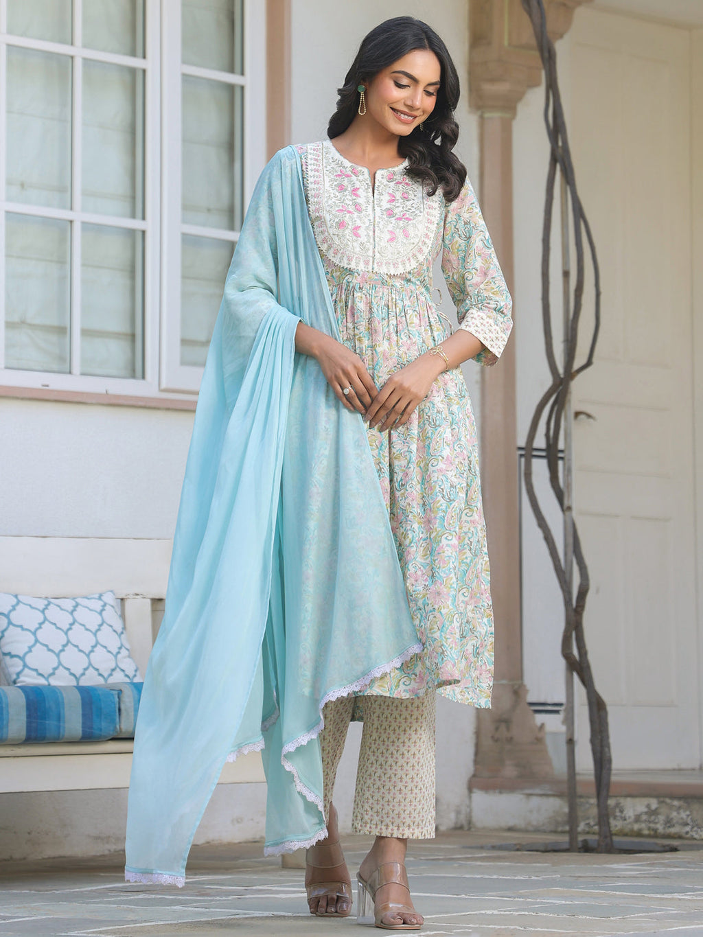 Off White Pure Cotton Yoke Embroidered Floral Printed A-line Kurta Set