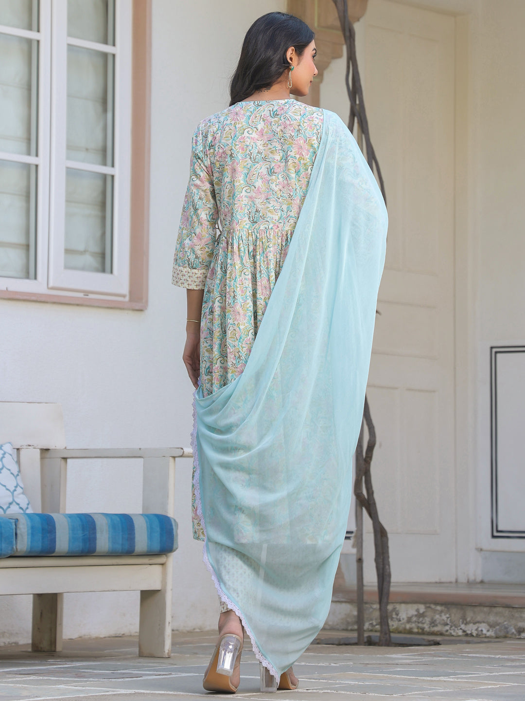 Off White Pure Cotton Yoke Embroidered Floral Printed A-line Kurta Set