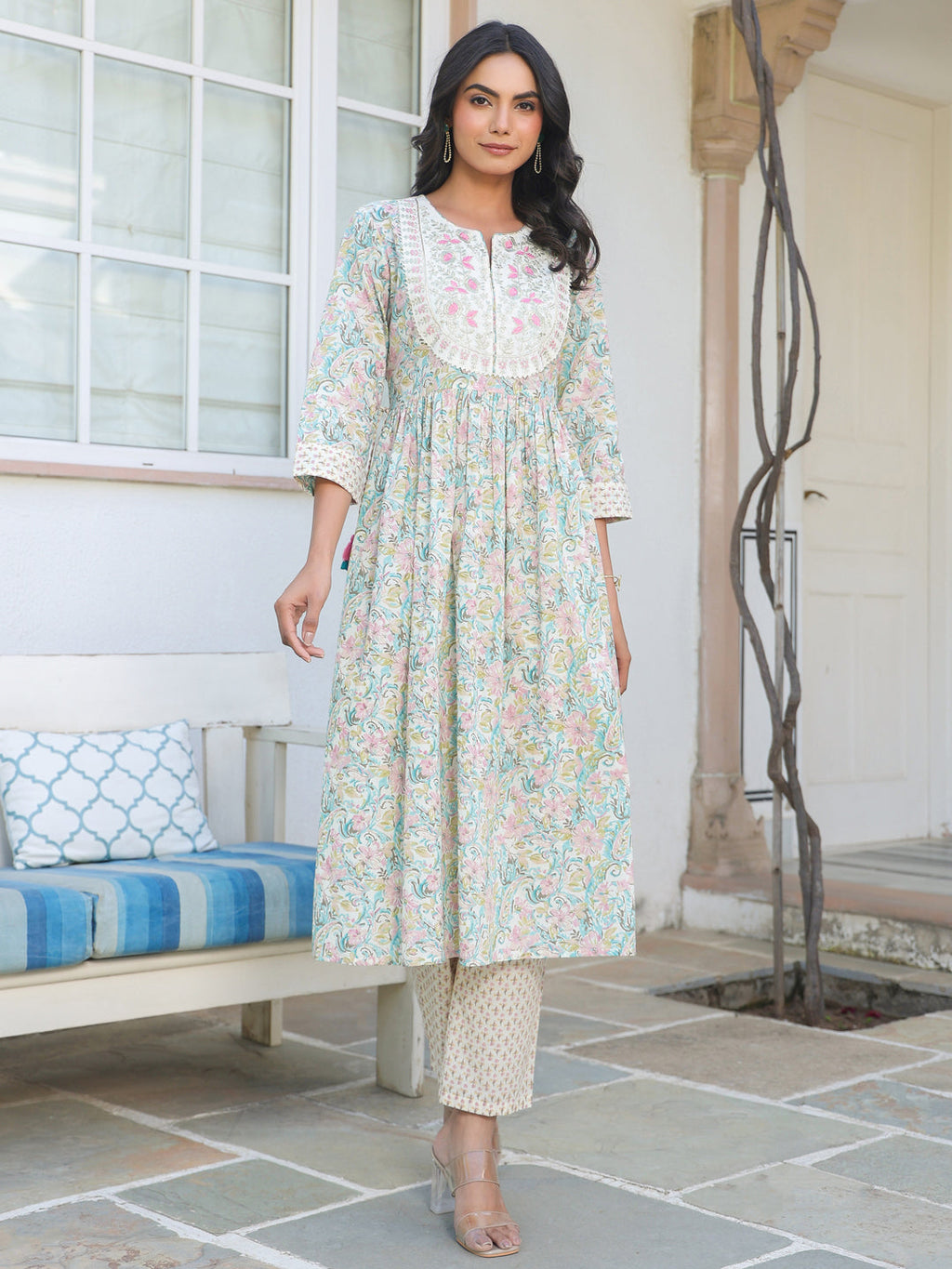 Off White Pure Cotton Yoke Embroidered Floral Printed A-line Kurta Set