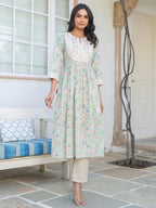 Off White Pure Cotton Yoke Embroidered Floral Printed A-line Kurta Set