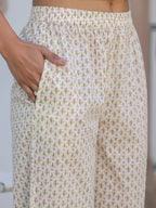 Off White Pure Cotton Yoke Embroidered Floral Printed A-line Kurta Set