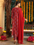 Janasya Women's Maroon Georgette Yoke Embroidered Ajrakh Printed A line Kurta Set