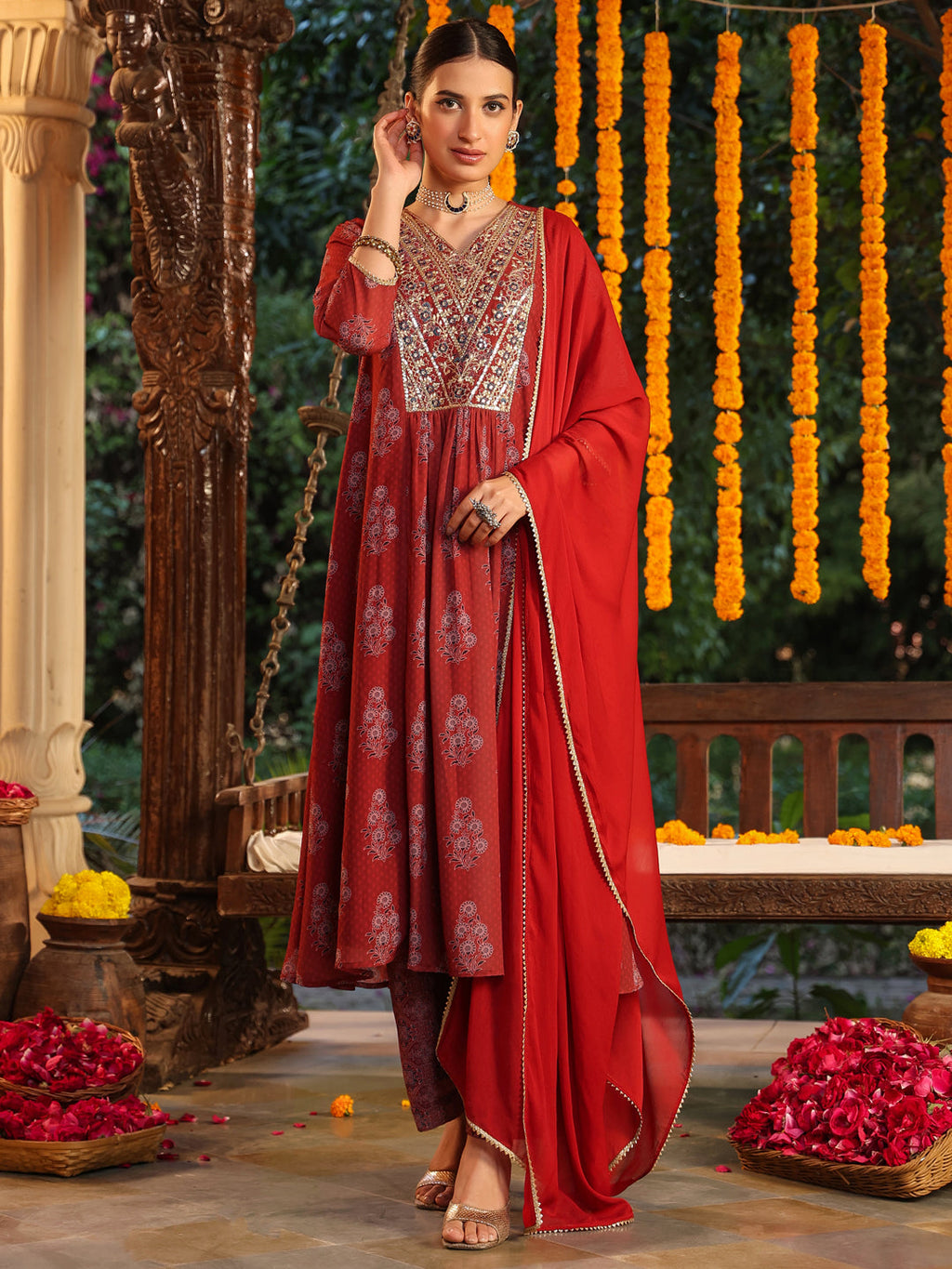 Janasya Women's Maroon Georgette Yoke Embroidered Ajrakh Printed A line Kurta Set