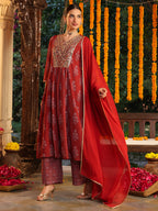 Janasya Women's Maroon Georgette Yoke Embroidered Ajrakh Printed A line Kurta Set