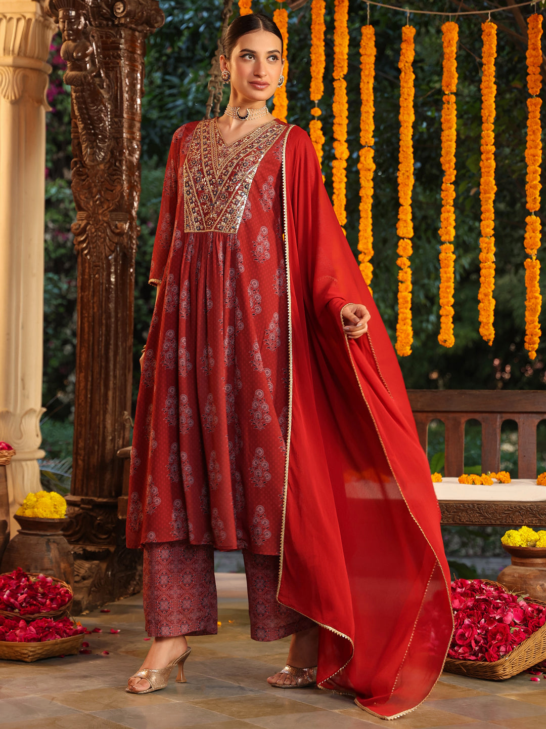 Janasya Women's Maroon Georgette Yoke Embroidered Ajrakh Printed A line Kurta Set