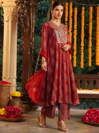 Janasya Women's Maroon Georgette Yoke Embroidered Ajrakh Printed A line Kurta Set