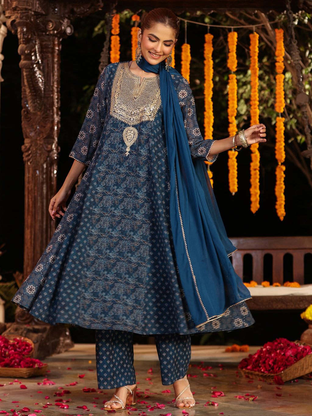 Janasya Women's Dark Blue Georgette Ajrakh Printed Embellished Anarkali Kurta Set