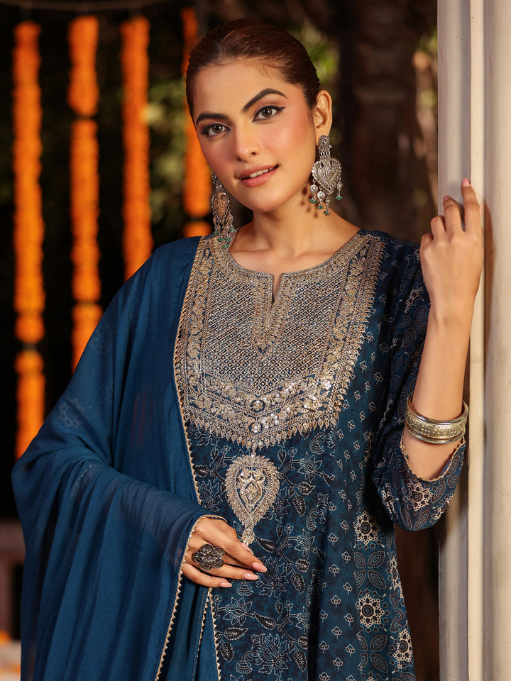 Janasya Women's Dark Blue Georgette Ajrakh Printed Embellished Anarkali Kurta Set - qivii