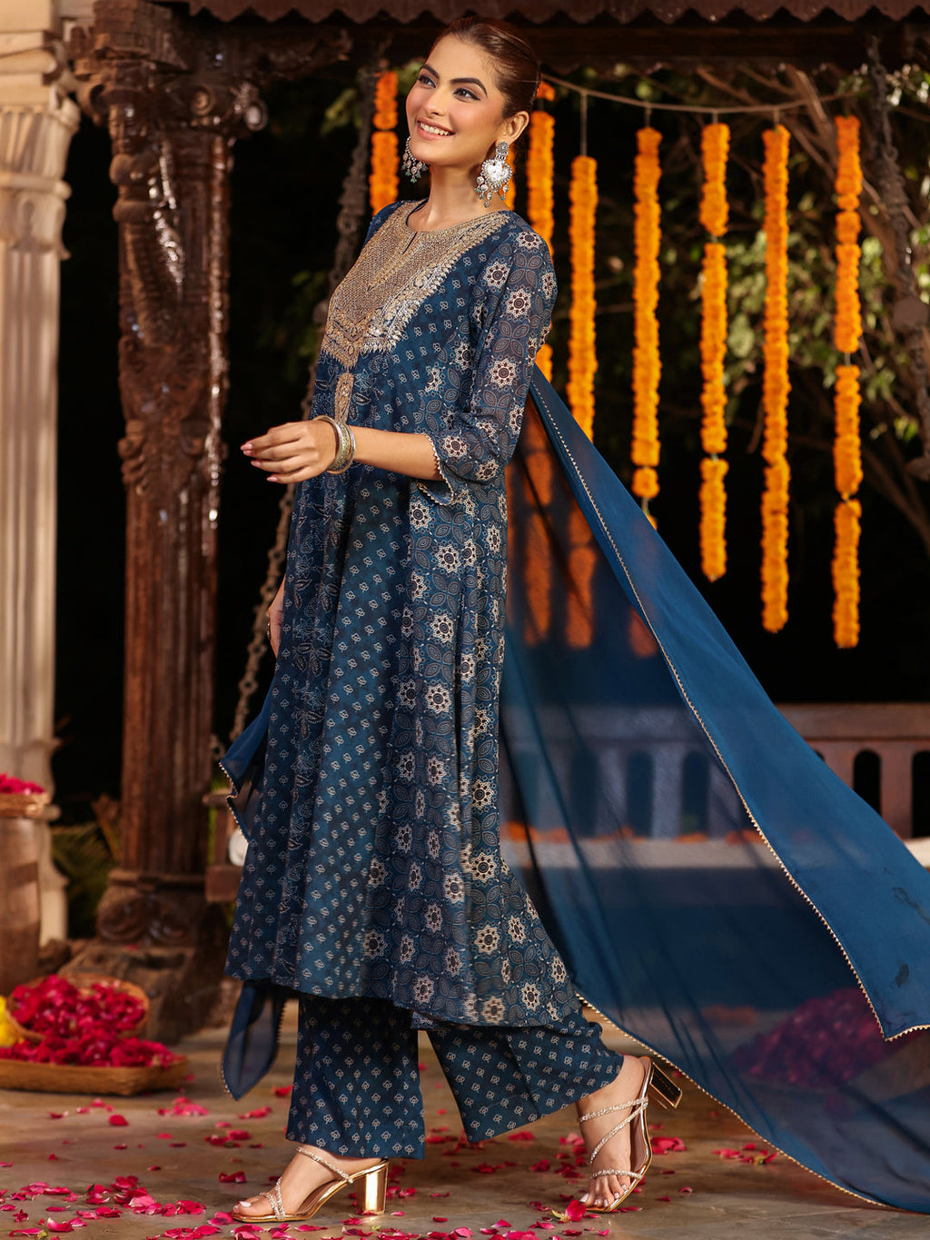 Janasya Women's Dark Blue Georgette Ajrakh Printed Embellished Anarkali Kurta Set