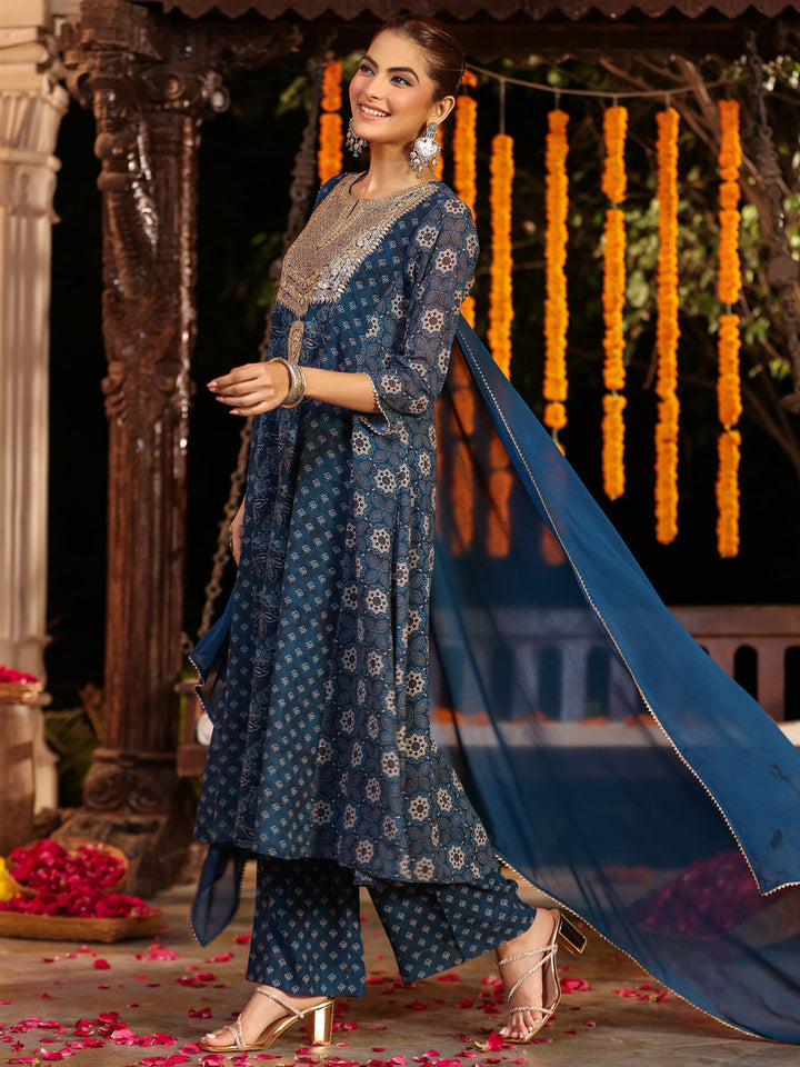 Janasya Women's Dark Blue Georgette Ajrakh Printed Embellished Anarkali Kurta Set - qivii
