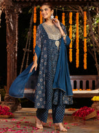 Janasya Women's Dark Blue Georgette Ajrakh Printed Embellished Anarkali Kurta Set