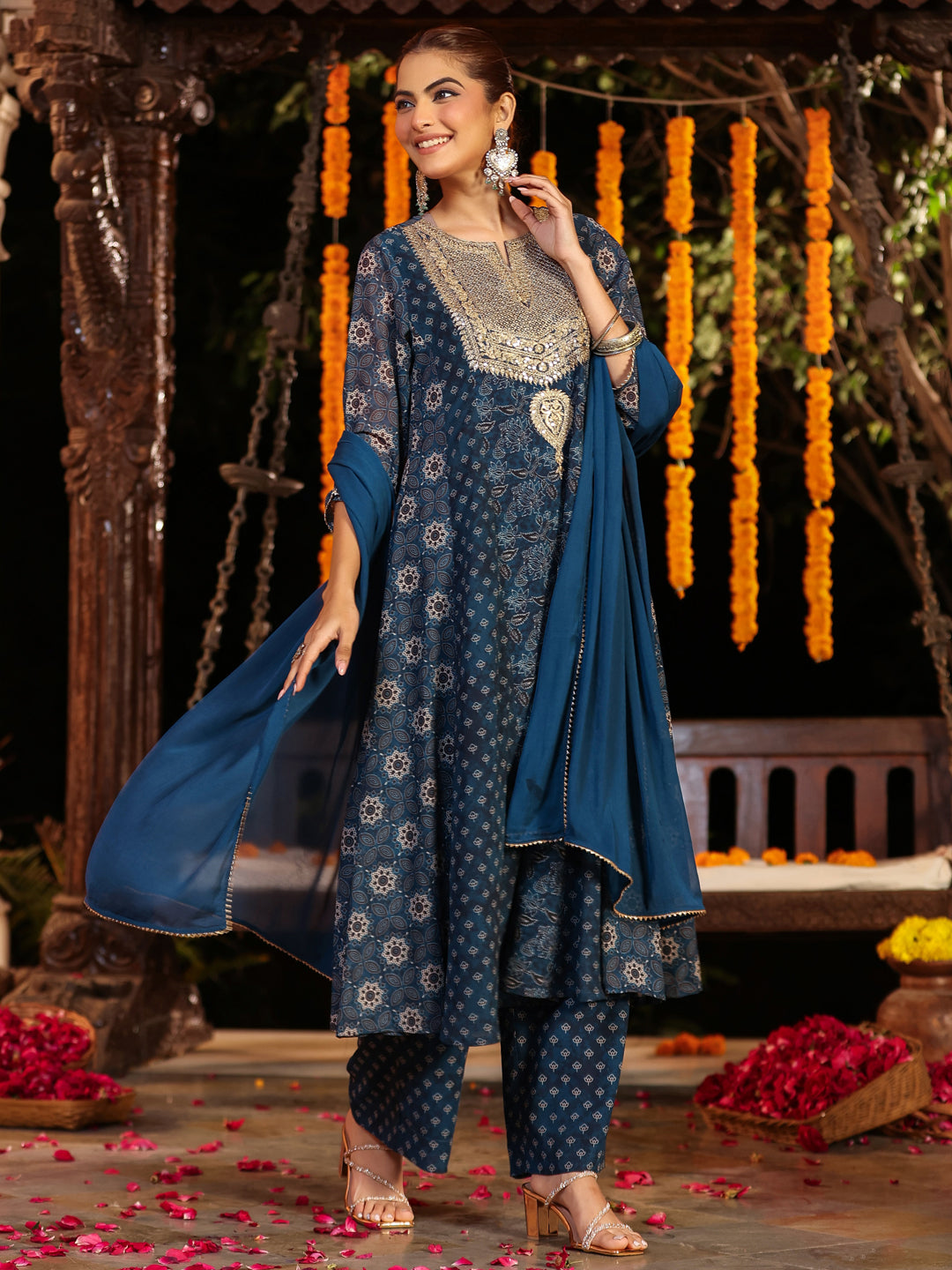 Janasya Women's Dark Blue Georgette Ajrakh Printed Embellished Anarkali Kurta Set