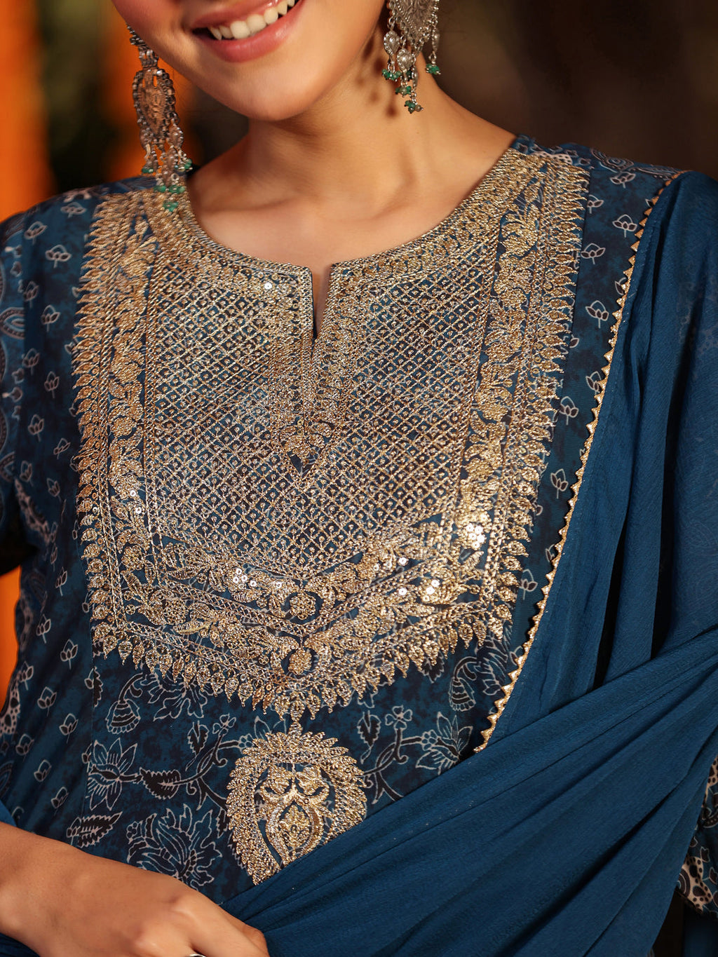 Janasya Women's Dark Blue Georgette Ajrakh Printed Embellished Anarkali Kurta Set