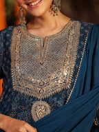 Janasya Women's Dark Blue Georgette Ajrakh Printed Embellished Anarkali Kurta Set