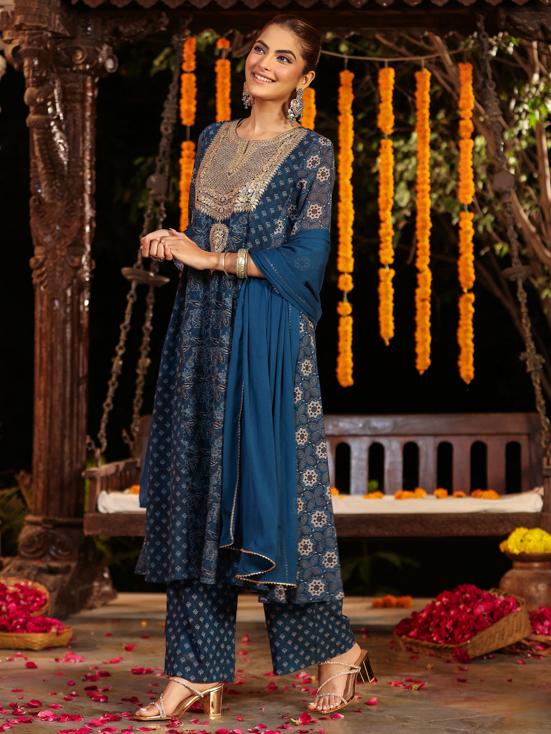 Janasya Women's Dark Blue Georgette Ajrakh Printed Embellished Anarkali Kurta Set