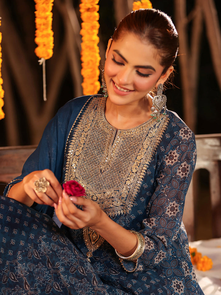 Janasya Women's Dark Blue Georgette Ajrakh Printed Embellished Anarkali Kurta Set - qivii