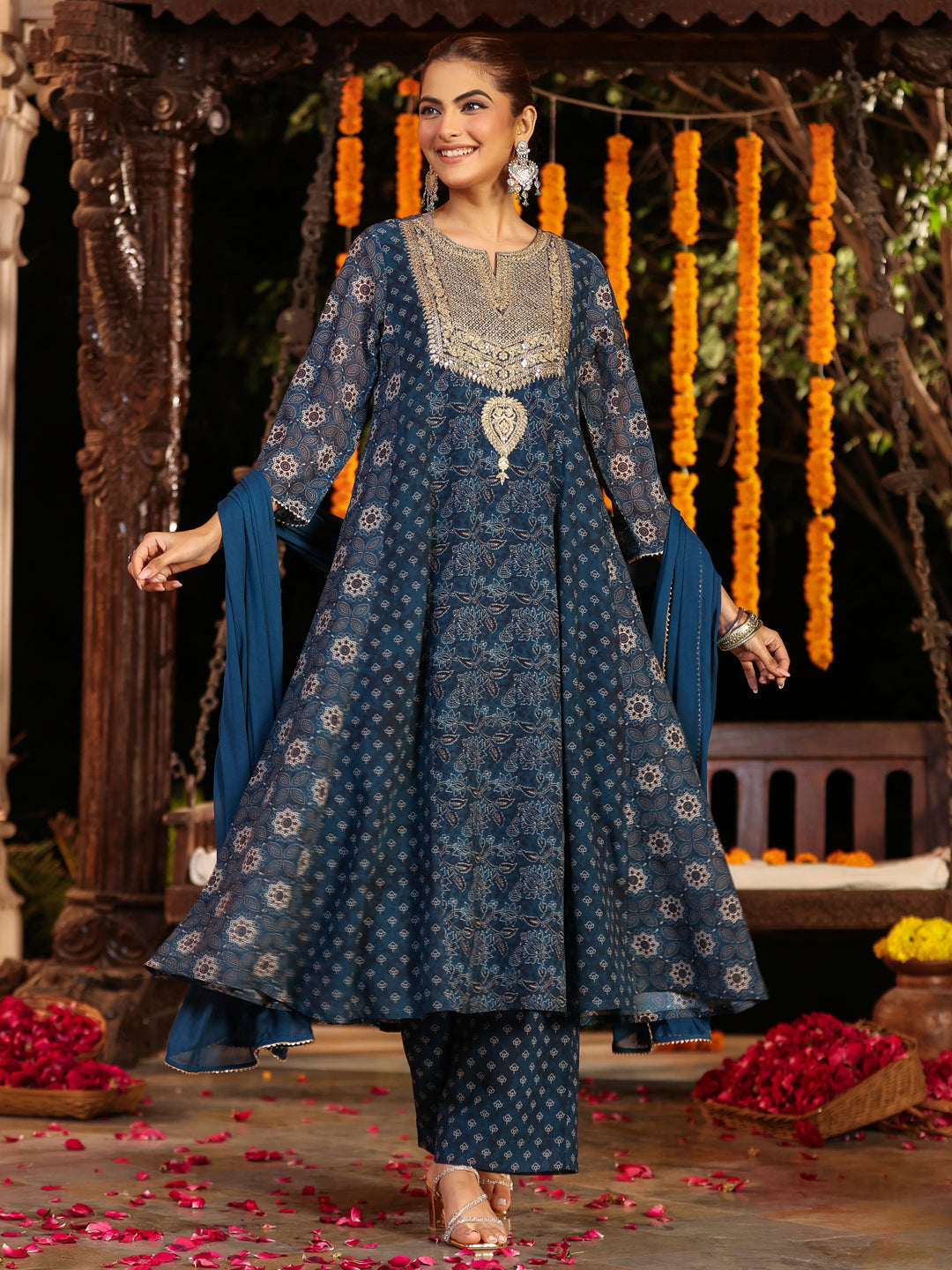 Janasya Women's Dark Blue Georgette Ajrakh Printed Embellished Anarkali Kurta Set - qivii