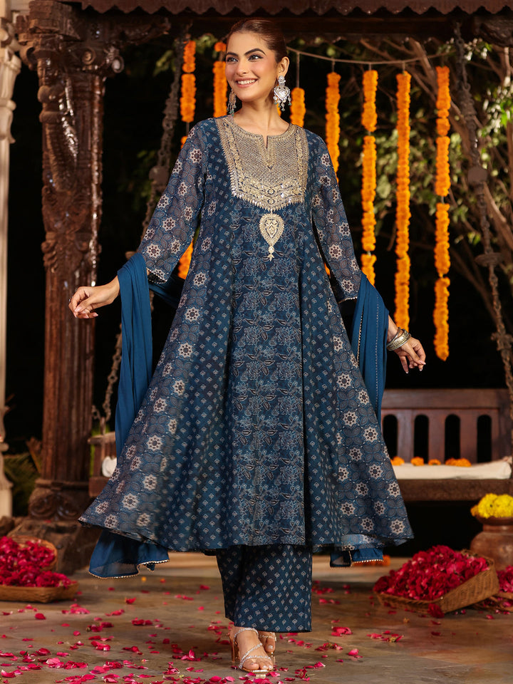 Janasya Women's Dark Blue Georgette Ajrakh Printed Embellished Anarkali Kurta Set - qivii