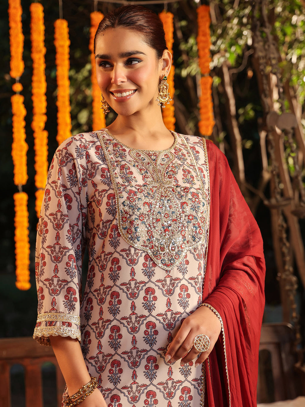 Janasya Women's Cream Georgette Yoke Zari Embroidered Ajarakh Printed Straight Kurta Set