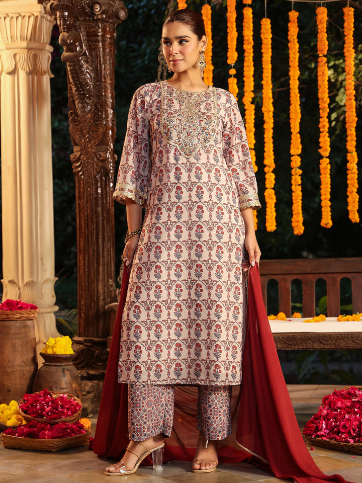 Janasya Women's Cream Georgette Yoke Zari Embroidered Ajarakh Printed Straight Kurta Set - qivii