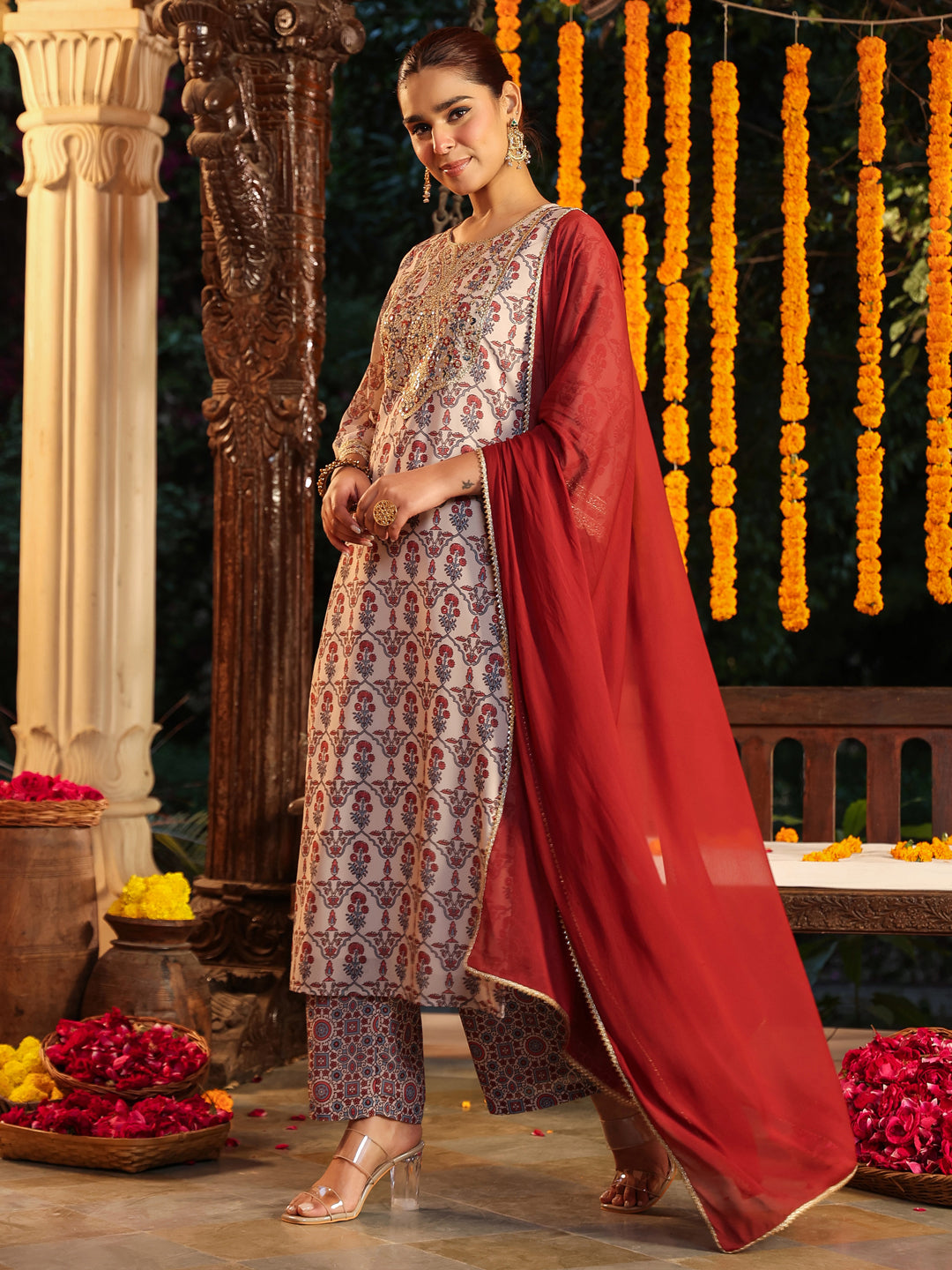 Janasya Women's Cream Georgette Yoke Zari Embroidered Ajarakh Printed Straight Kurta Set - qivii