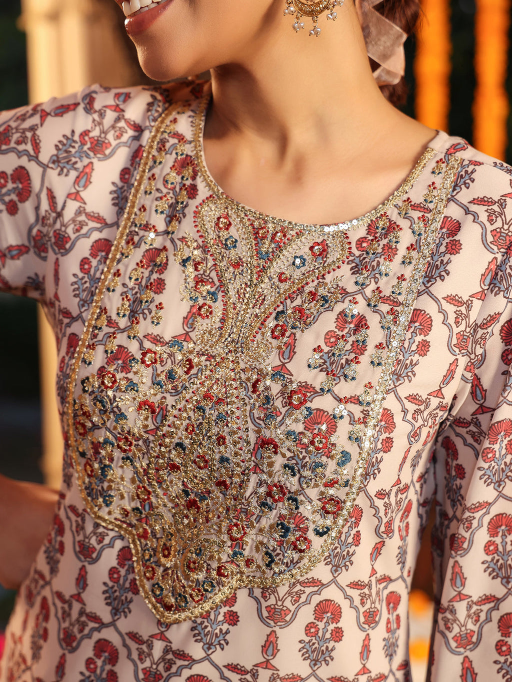 Janasya Women's Cream Georgette Yoke Zari Embroidered Ajarakh Printed Straight Kurta Set