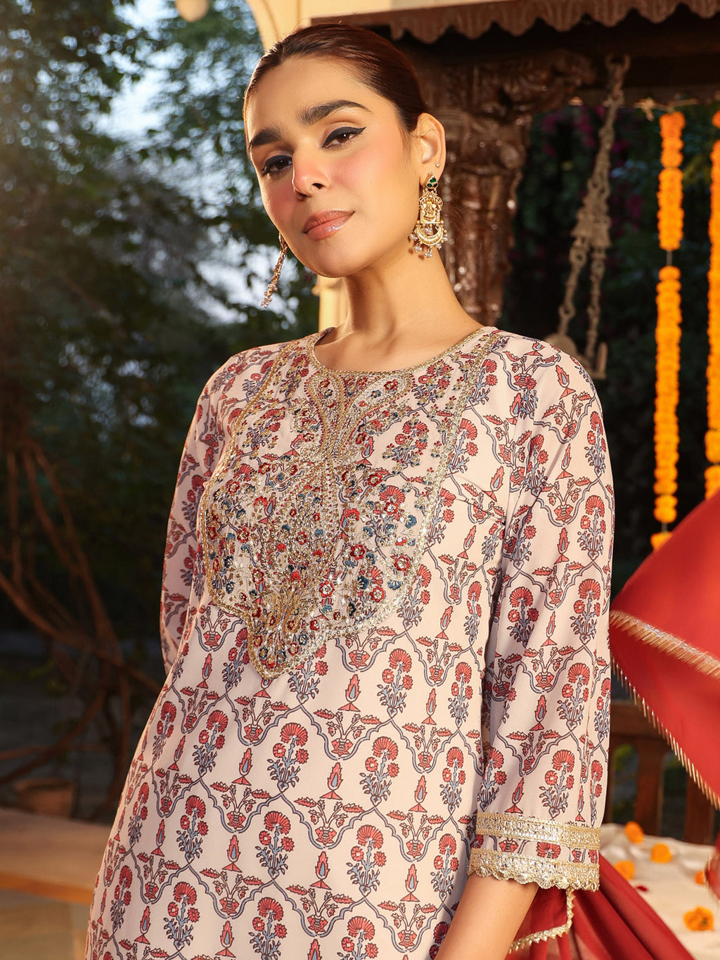 Janasya Women's Cream Georgette Yoke Zari Embroidered Ajarakh Printed Straight Kurta Set