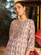 Janasya Women's Cream Georgette Yoke Zari Embroidered Ajarakh Printed Straight Kurta Set